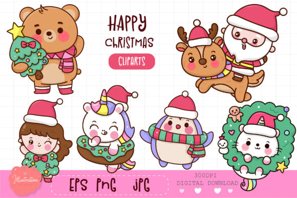 Christmas Santa Clipart Kawaii Cartoom Illustrations