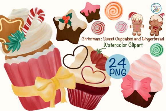 Christmas Sweet Cupcakes and Gingerbread Illustrations