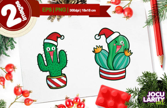 Kawaii Christmas Cactus Vector: Festive Illustrations