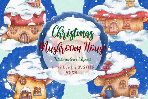 Watercolor Christmas Mushroom House: Festive Illustrations