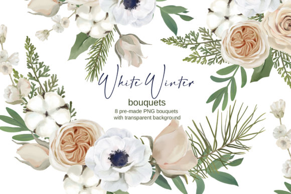 White Winter Bouquet Christmas Clipart: Fresh Illustrations